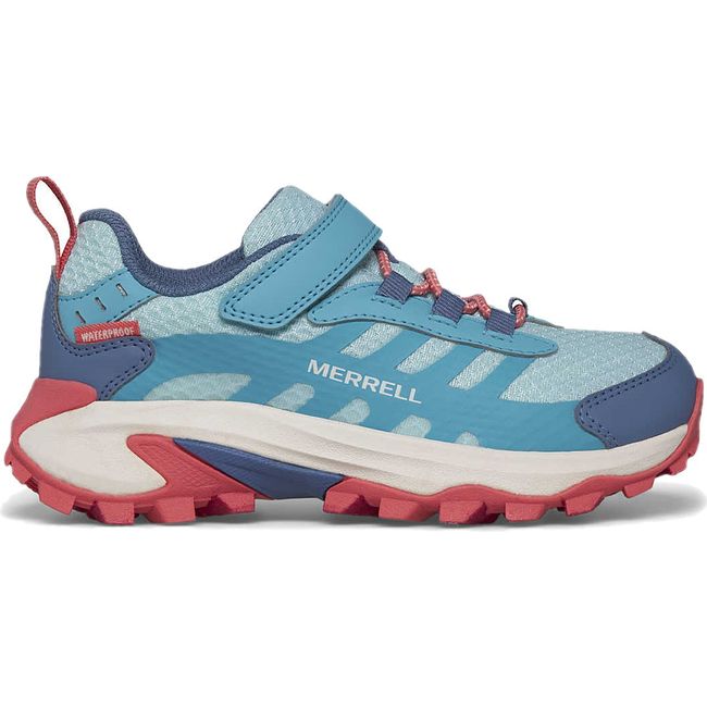 Lateral of Merrell Big Kids&#39; Moab Speed 2 Low A/C Waterproof Hiking Shoe in Turquoise/Coral