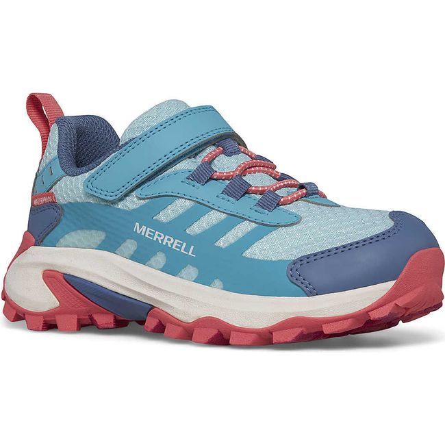 Front angled of Merrell Big Kids&#39; Moab Speed 2 Low A/C Waterproof Hiking Shoe in Turquoise/Coral