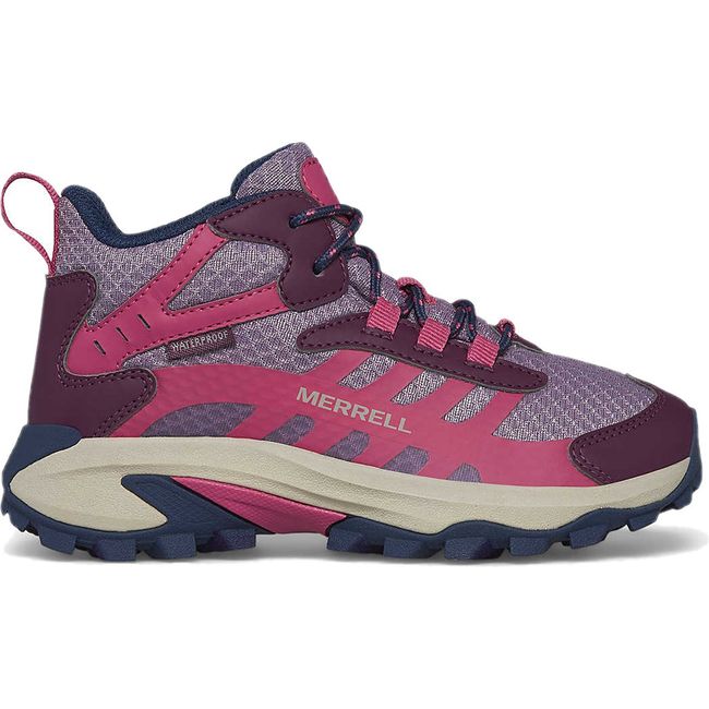 Lateral side of Merrell Big Kids&#39; Moab Speed 2 Mid Waterproof Hiking Boot in Berry Purple and Pink