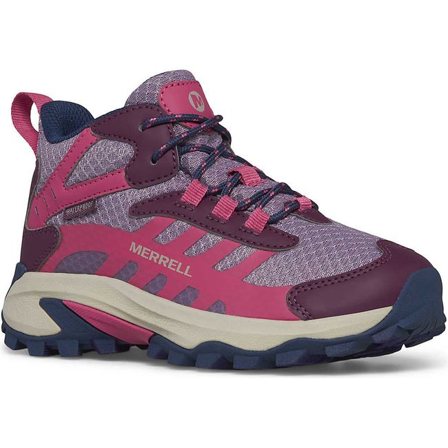 Front angled view of Merrell Kids' Moab Speed 2 Mid Waterproof Hiking Boot in Berry Purple and Pink