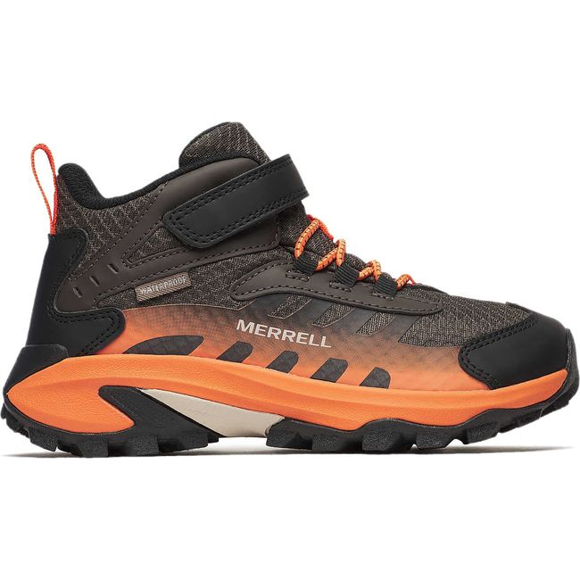Lateral of Merrell Big Kids&#39; Moab Speed Mid 2 A/C Waterproof Hiking Boot in Gunsmoke and Orange
