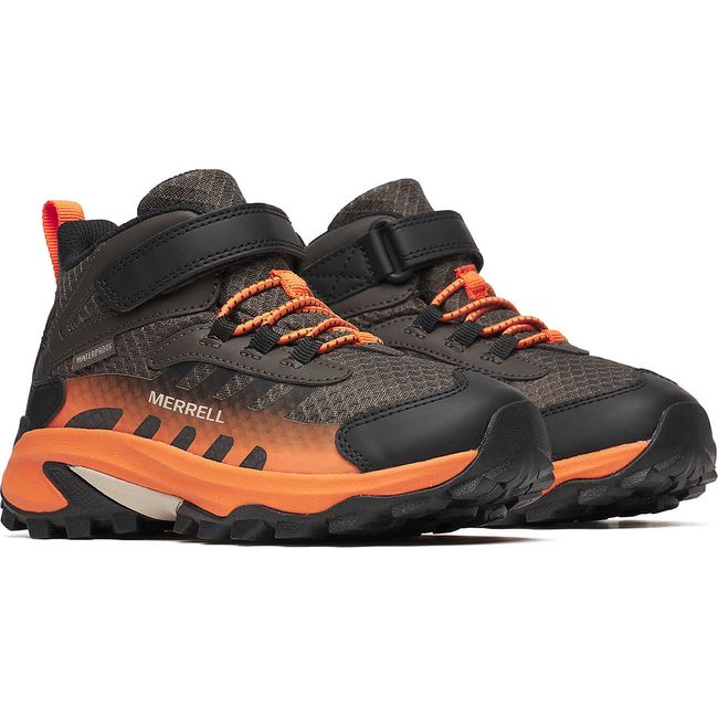 Pair of Merrell Big Kids&#39; Moab Speed Mid 2 A/C Waterproof Hiking Boots in Gunsmoke and Orange
