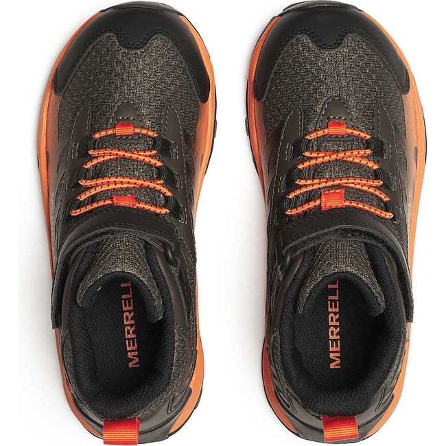 Velcro upper of Merrell Big Kids Moab Speed Mid 2 A/C Waterproof Hiking Boots in Gunsmoke and Orange