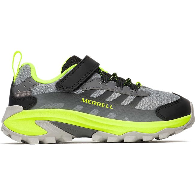 Lateral of Merrell Big Kids&#39; Moab Speed 2 Low A/C Waterproof Hiking Shoe in Grey/Black/Citron