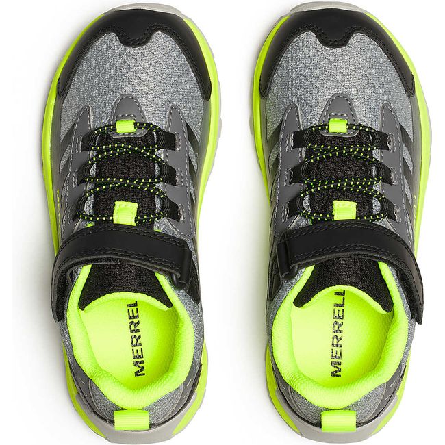 Velcro upper of Merrell Big Kids&#39; Moab Speed 2 Low A/C Waterproof Hiking Shoes in Grey/Black/Citron