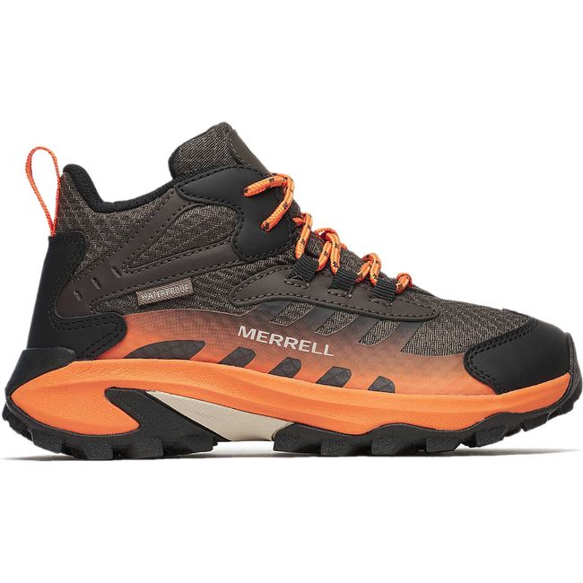Lateral side of Merrell Big Kids Moab Speed 2 Mid Waterproof Hiking Shoe in Gunsmoke and Orange
