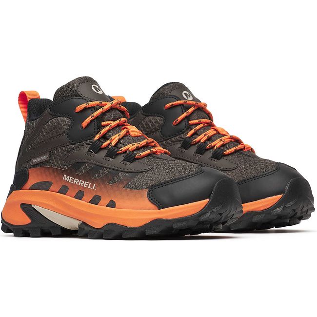 Pair of Merrell Big Kids Moab Speed 2 Mid Waterproof Hiking Shoes in Gunsmoke and Orange