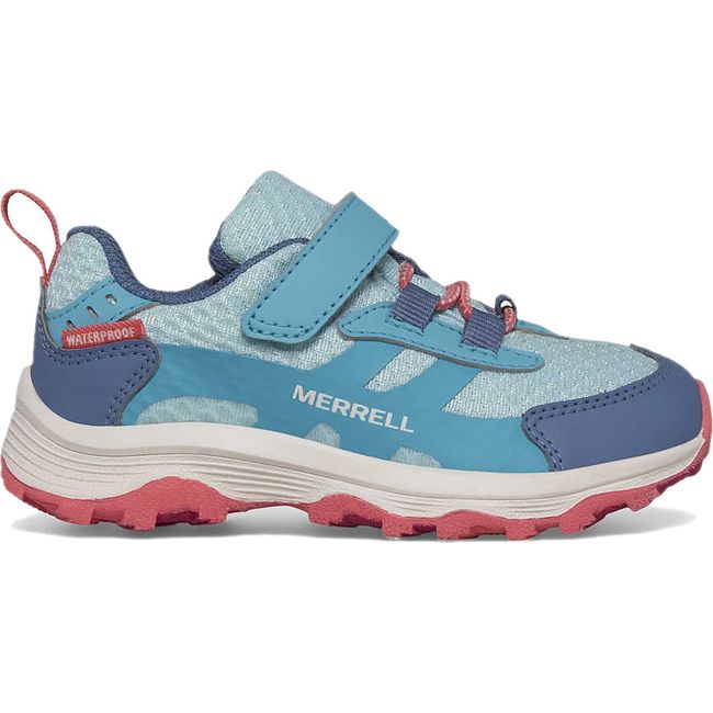 Lateral of Merrell Little Kids' Moab Speed 2 Low A/C Jr. Waterproof Hiking Shoe in Turquoise/Coral