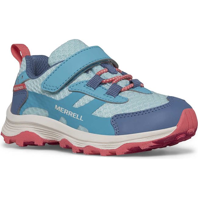 Front angled of Merrell Little Kids Moab Speed 2 Low A/C Jr. Waterproof Hiking Shoe in Turquoise