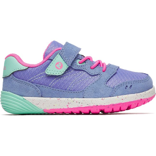 Lateral side of Merrell Little Kids&#39; Bare Steps A83 Sneaker in Periwinkle purple with velcro strap