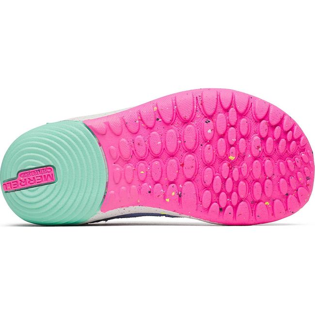Sole of Merrell Little Kids&#39; Bare Steps A83 Sneaker in Periwinkle purple with pink and green tread
