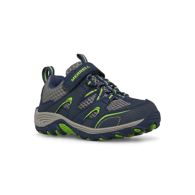 Front angled view of Merrell Kid's Trail Chaser Jr. Hiking Shoe in Grey, Navy, Green