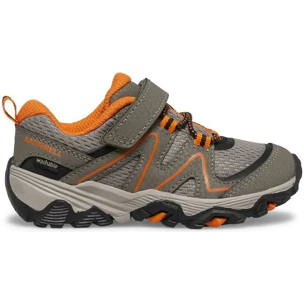 Side of Merrell Kids' Trail Quest Jr Hiking Shoe in Gunsmoke Brown and Orange