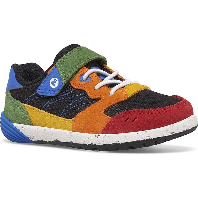 Front angled of Merrell Little Kids' Bare Steps A83 Sneaker in Multi color with velcro strap