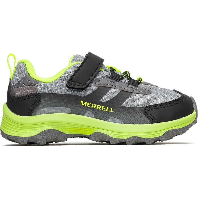 Lateral of Merrell Little Kids&#39; Moab Speed 2 Low A/C Jr. Waterproof Hiking Shoe in Grey/Black/Citron