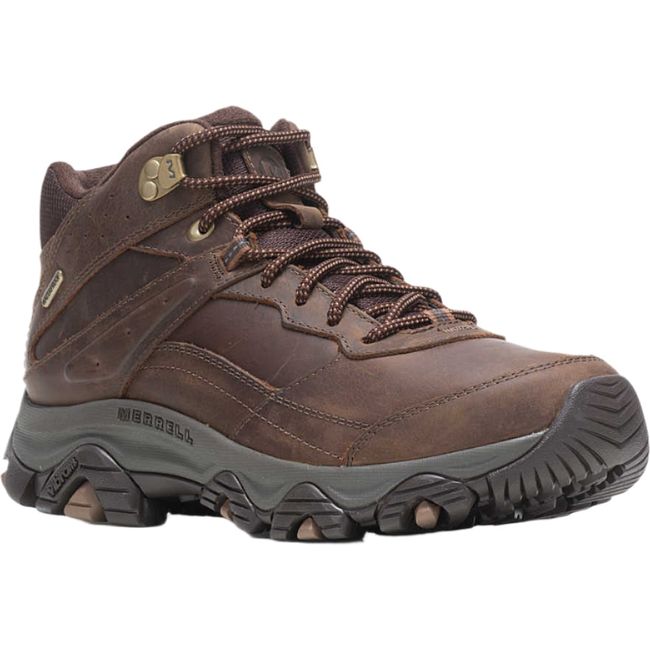 Front angled view of Mens Merrell Moab Adventure 3 Mid Waterproof Hiking Boot in earth brown leather