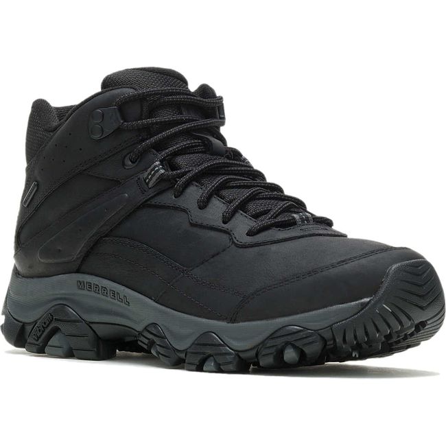 Front angled view of Men's Merrell Moab Adventure 3 Mid Waterproof Hiking Boot in Black leather