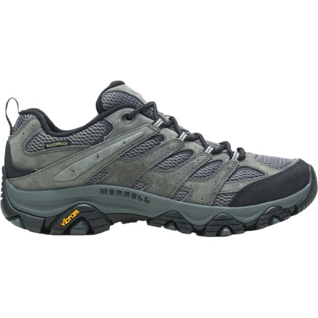 Lateral side of Men&#39;s Merrell Moab 3 Low Waterproof Hiking Shoe in granite gray with Vibram sole