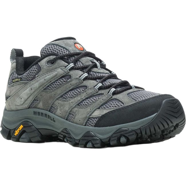 Front angled view of Mens Merrell Moab 3 Low Waterproof Hiking Shoe in granite gray with Vibram sole
