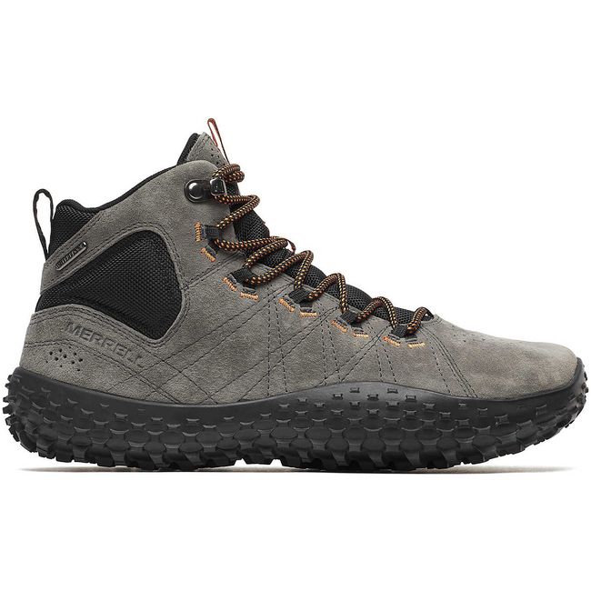 Merrell side of Merrell Men's Wrapt Mid Waterproof Barefoot Boot in Granite Grey Suede
