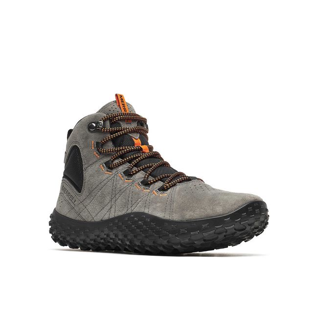 Front angled view of Merrell Men's Wrapt Mid Waterproof Barefoot Boot in Granite Grey Suede