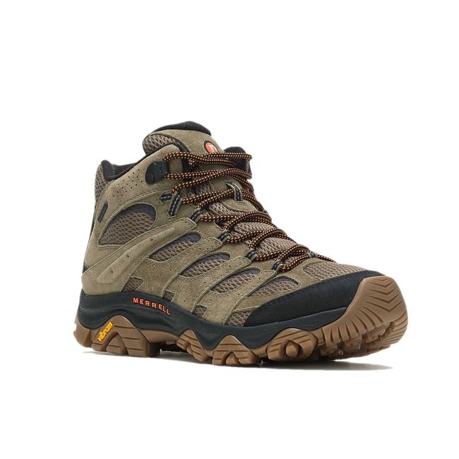 Angled view of Olive Green Merrell Men&#39;s Moab 3 Mid Waterproof Hiking Boot