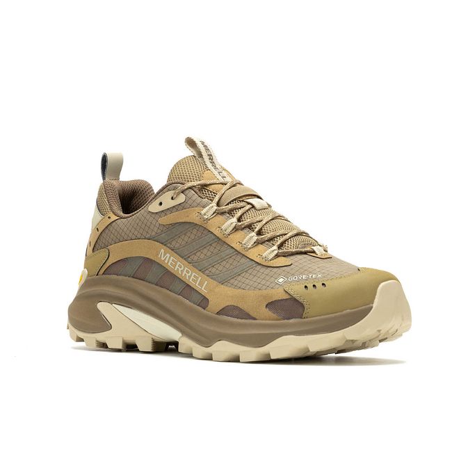 Front angled view of Merrell Men's Moab Speed 2 GTX Hiking Shoe in Coyote Tan