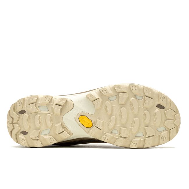 Beige Vibram sole of Merrell Men's Moab Speed 2 GTX Hiking Shoe in Coyote Tan