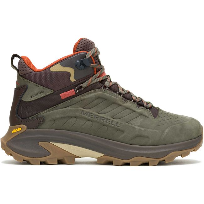 Side of Men's Moab Speed 2 Leather Mid Waterproof Hiking Boot in Olive Green