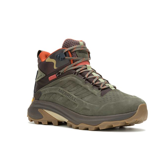 Front angled view of Men's Moab Speed 2 Leather Mid Waterproof Hiking Boot in Olive Green