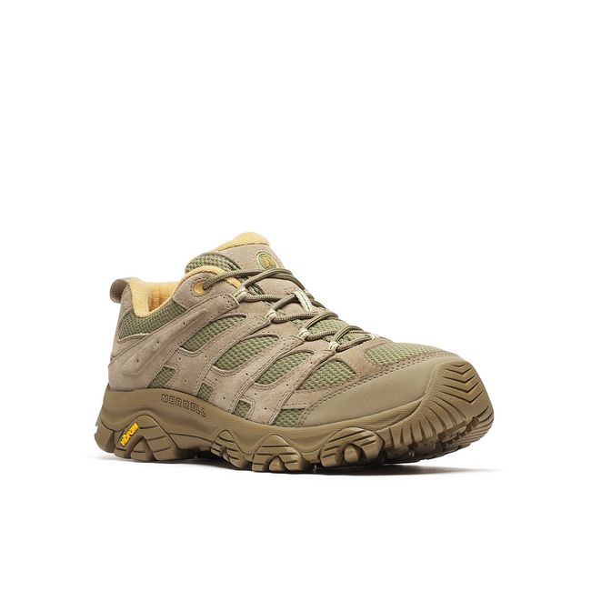 Front angled view of Merrell Men's Moab 3 Ready Zip Hiking Shoe in Drab Tan
