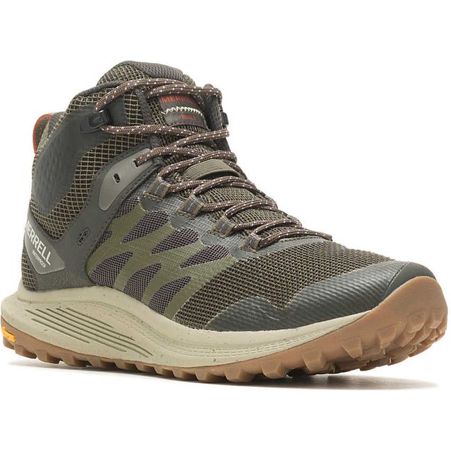 Front angled view of Men&#39;s Merrell Nova 3 Mid Waterproof Boot in olive green