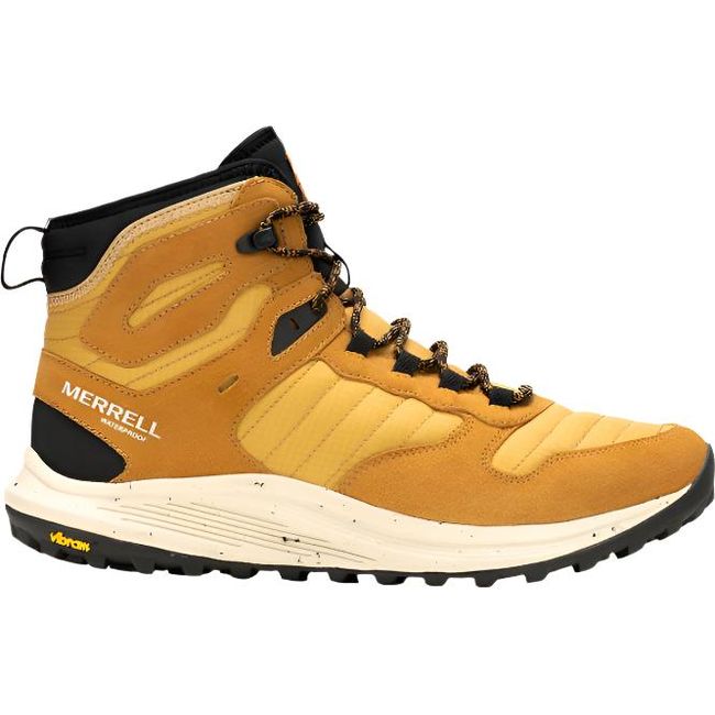 An outer side view of the Merrell Men's Nova 3 Thermo Mid Waterproof Boot in gold with black accents, designed for cold weather hiking. The boot features lightweight synthetics, soft leather, a Vibram Ice Trek outsole for grip on icy surfaces, and a cushioned white sole for comfort. It also includes a waterproof membrane and a heel pull tab.