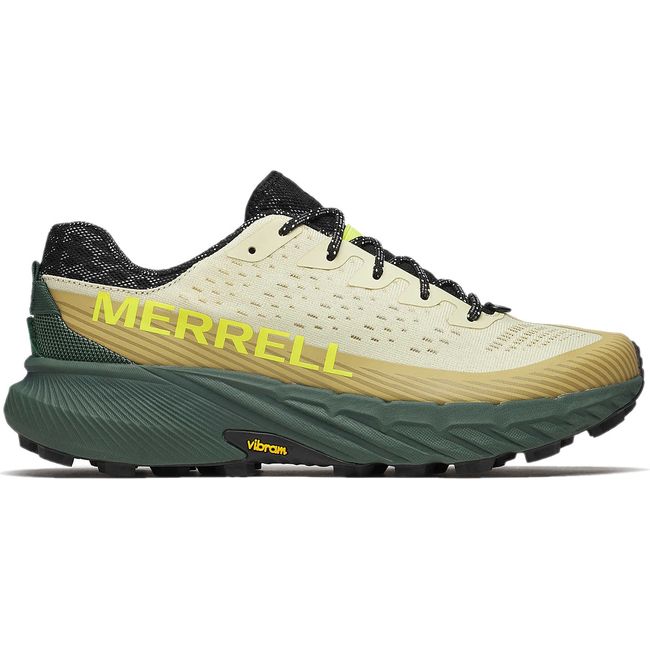Lateral side of Merrell Men's Agility Peak 5 Trail Running Shoe in Beach Beige and Green