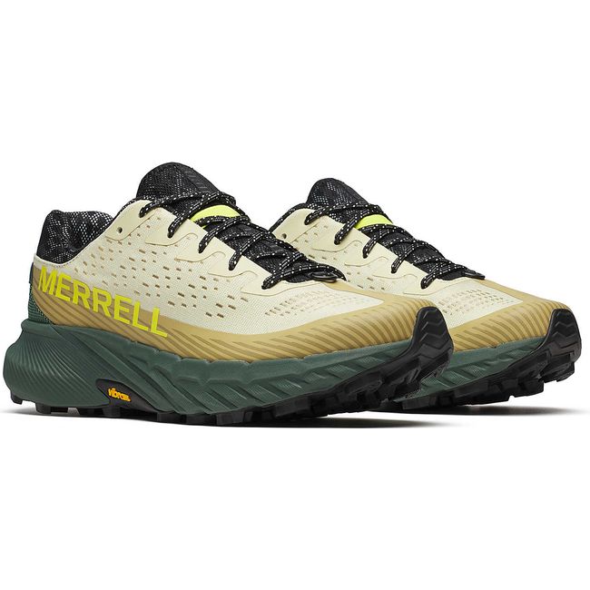 Pair of Merrell Men's Agility Peak 5 Trail Running Shoes in Beach Beige and Green