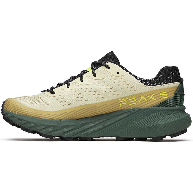 Medial side of Merrell Men's Agility Peak 5 Trail Running Shoe in Beach Beige and Green