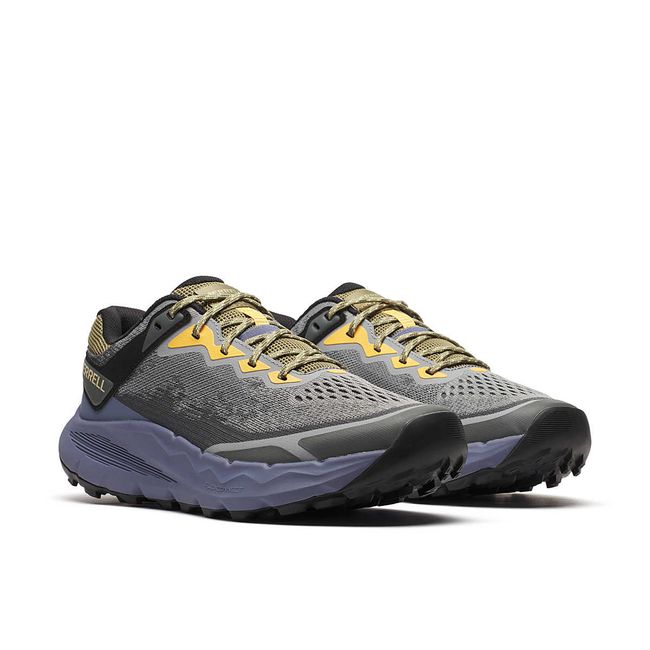 Pair of cement grey and purple Men&#39;s Merrell Nova 4 Trail Running Shoes with yellow accents