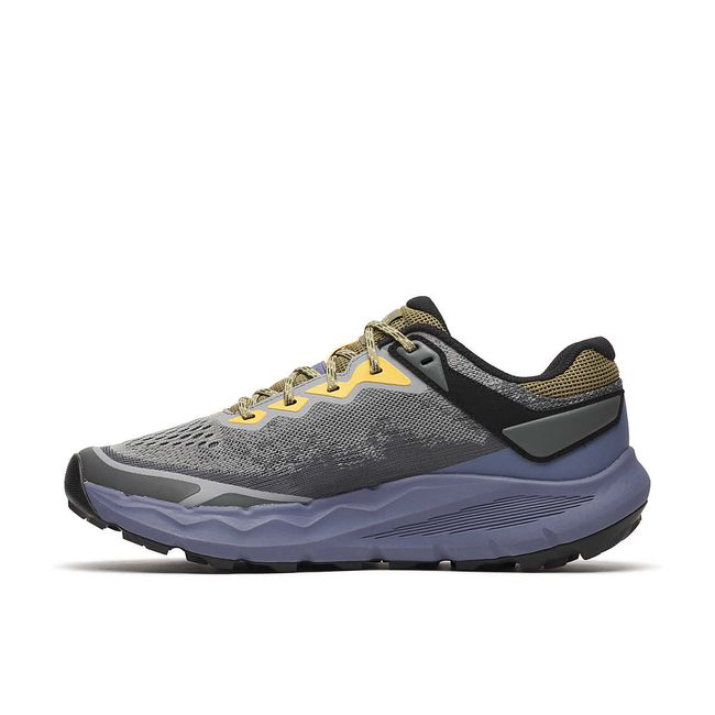 Medial side of cement grey and purple Men's Merrell Nova 4 Trail Running Shoe with yellow accents