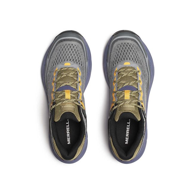Upper of cement grey and purple Men&#39;s Merrell Nova 4 Trail Running Shoes with yellow accents