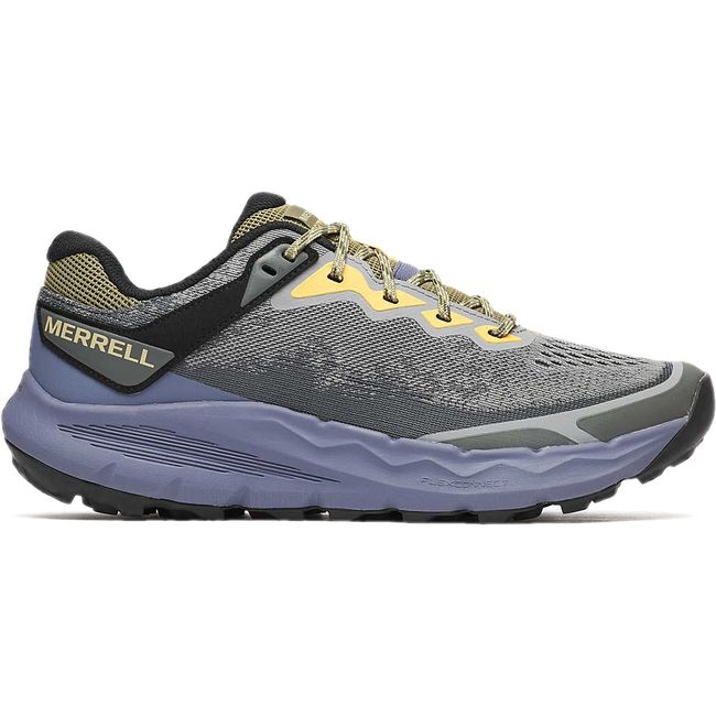 Lateral side of cement grey and purple Men&#39;s Merrell Nova 4 Trail Running Shoe with yellow accents