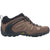 A brown and black Merrell Men's Chameleon 8 Stretch Hiking Shoe viewed from an outer side angle. The shoe features a nubuck leather and mesh upper, elastic cord and lock lacing system, bellows tongue to block debris, and an external rear sling for heel support.