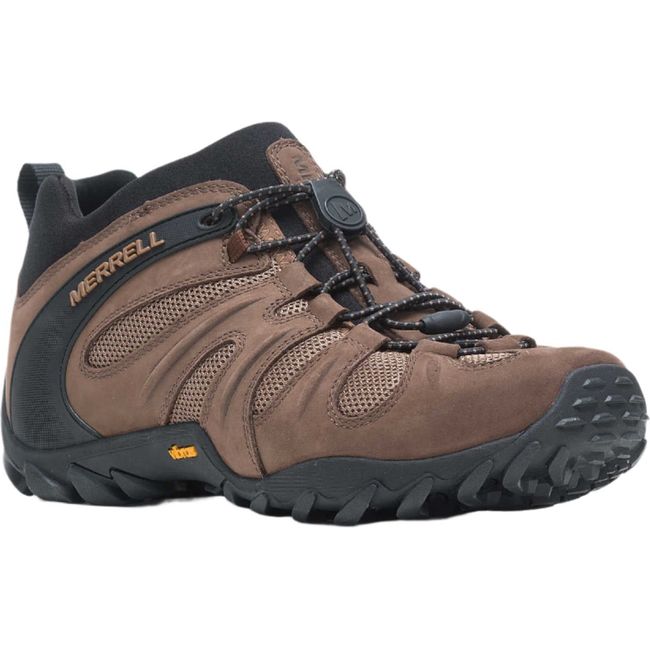 A brown and black Merrell Men's Chameleon 8 Stretch Hiking Shoe viewed from a titled front angle. The shoe features a nubuck leather and mesh upper, elastic cord and lock lacing system, bellows tongue to block debris, an external rear sling for heel support, and a protective toe guard.