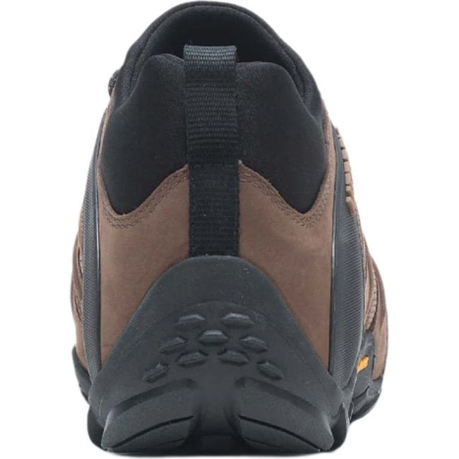 A back heel view of the brown and black Merrell Men's Chameleon 8 Stretch Hiking Shoe. The shoe features a nubuck leather and mesh upper, an external rear sling for heel support, and a sturdy outsole designed for traction, with the back view highlighting the sturdy heel and rear design elements.
