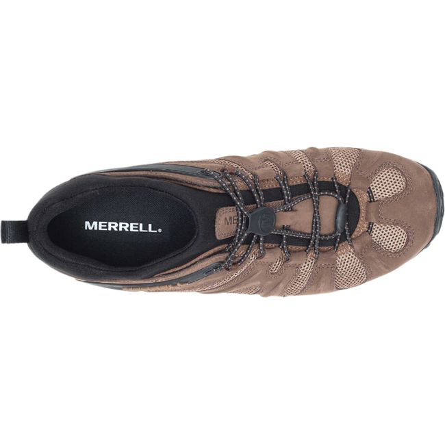 A top view of the brown and black Merrell Men&