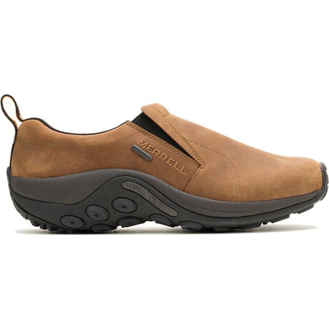 Lateral side of Men's slip on Merrell Jungle Moc Nubuck Waterproof Shoe in brown