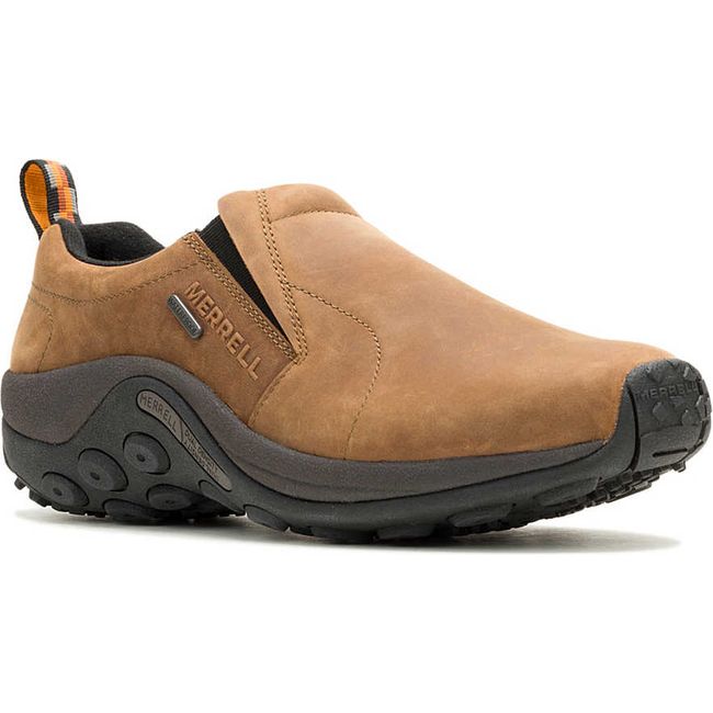 Lateral side of Men's slip on Merrell Jungle Moc Nubuck Waterproof Shoe in brown