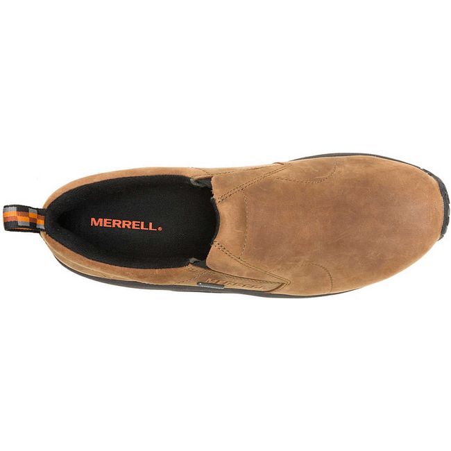 Top down view of Men's slip on Merrell Jungle Moc Nubuck Waterproof Shoe in brown