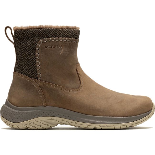 Lateral side of Women's Merrell Encore Ice 5 Mid Zip Waterproof Boot in otter brown