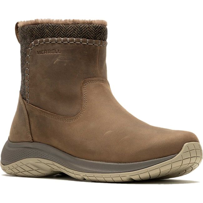 Front angled view of Women's Merrell Encore Ice 5 Mid Zip Waterproof Boot in otter brown