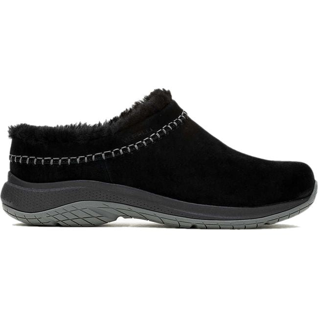 Lateral side of Women's Merrell Encore Ice 5 Waterproof Clog in black suede with skeepskin lining
